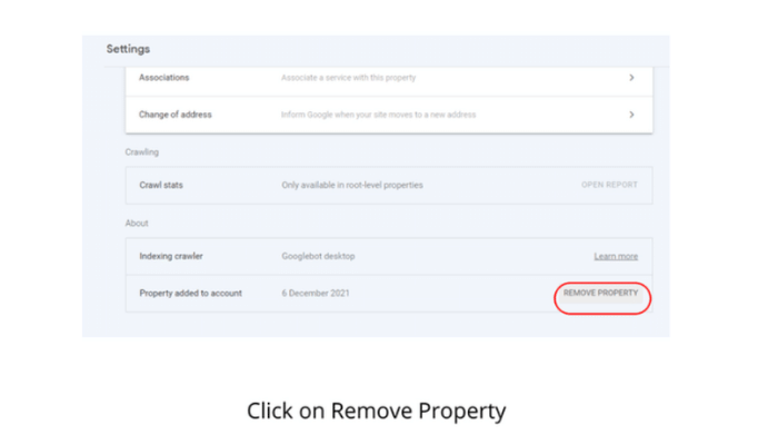 find remove property option in GSC