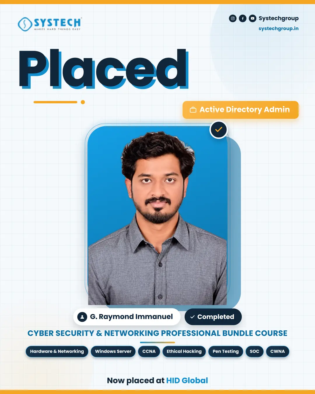 G Raymond Immanuel, Systech Cyber Security and Ethical Hacking student in Trichy