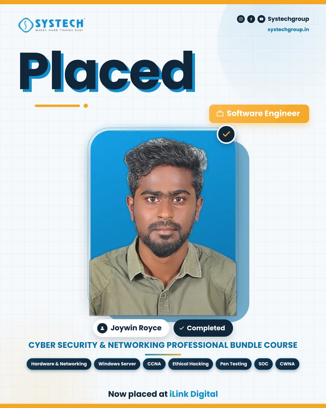 Joywin Royce, Systech Cyber Security and Ethical Hacking student in Trichy