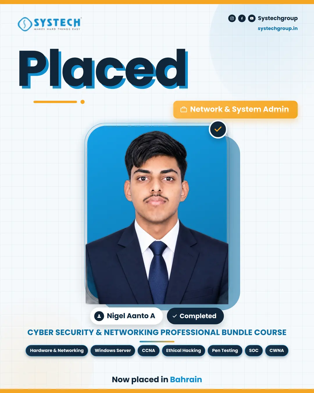 Nigel Aanto A, Systech Cyber Security and Ethical Hacking student in Trichy