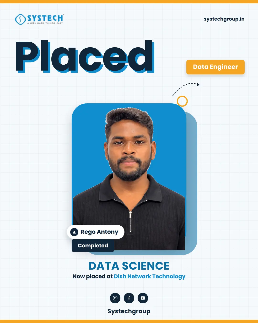Rego Antony, Systech Data Science student in Trichy, placed as Data Engineer at Dish Network Technology