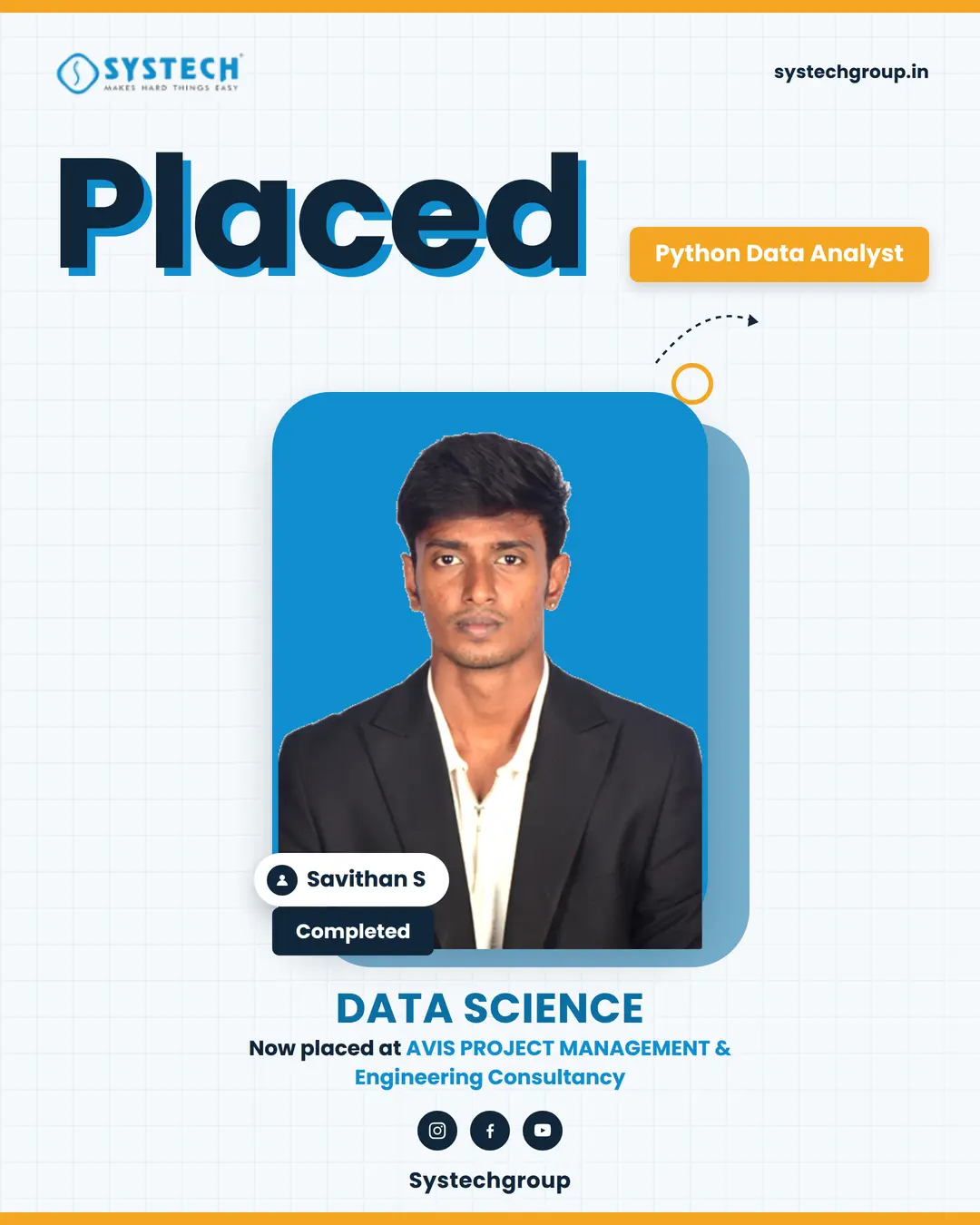 Savithan S, Systech Data Science student in Trichy, placed as Python Data Analyst at AVIS Project Management and Engineering Consultancy