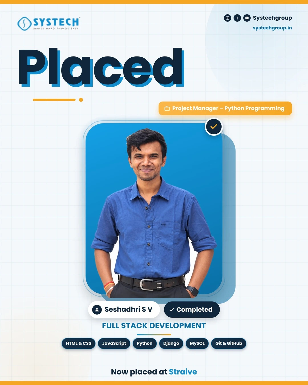 Seshadhri S V, Systech Full Stack Development student in Trichy, placed as Project Manager in Python Programming at Straive